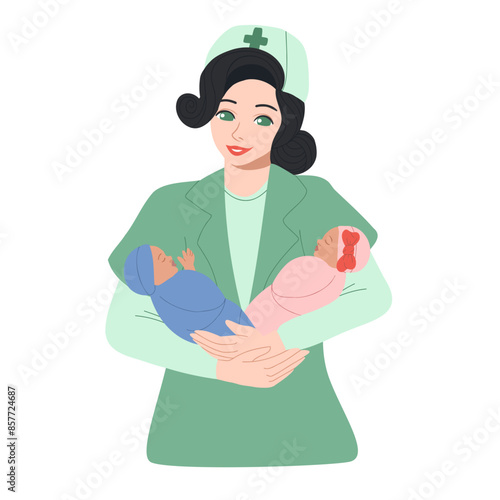 Nurse holds two babies in her arms. Vector hand drawn illustration. International Nurses Day. A smiling nurse holds twins. Pediatrician with newborn twins.
