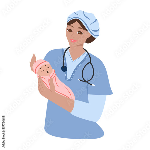 Pediatrician holding a baby in her arms. Vector hand drawn illustration. International doctor's day. A smiling pediatric doctor with stethoscope holds a newborn baby. 