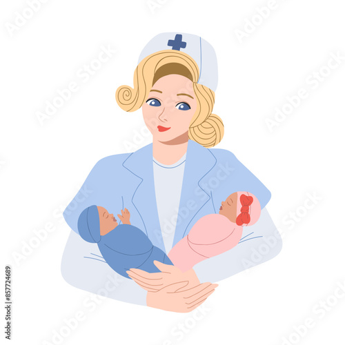 Midwife holding a babies in her arms. Vector hand drawn illustration. International Midwife Day. A smiling female doctor holds a newborn baby.