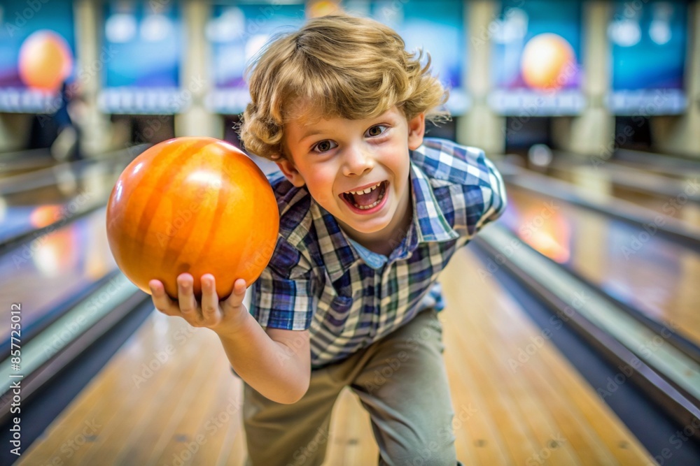 Fototapeta premium A young boy is holding a bowling ball and smiling