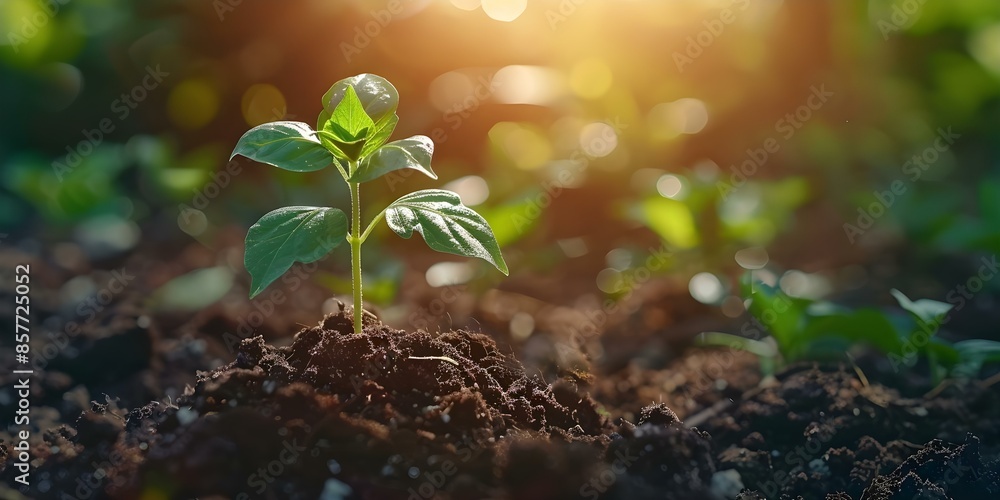 A young plant in soil basking in sunlight symbolizing growth and hope. Concept New Beginnings, Growth, Hope, Nature, Sunlight A young plant in soil basking in sunlight symbolizing growth and hope. Concept New Beginnings, Growth, Hope, Nature, Sunlight