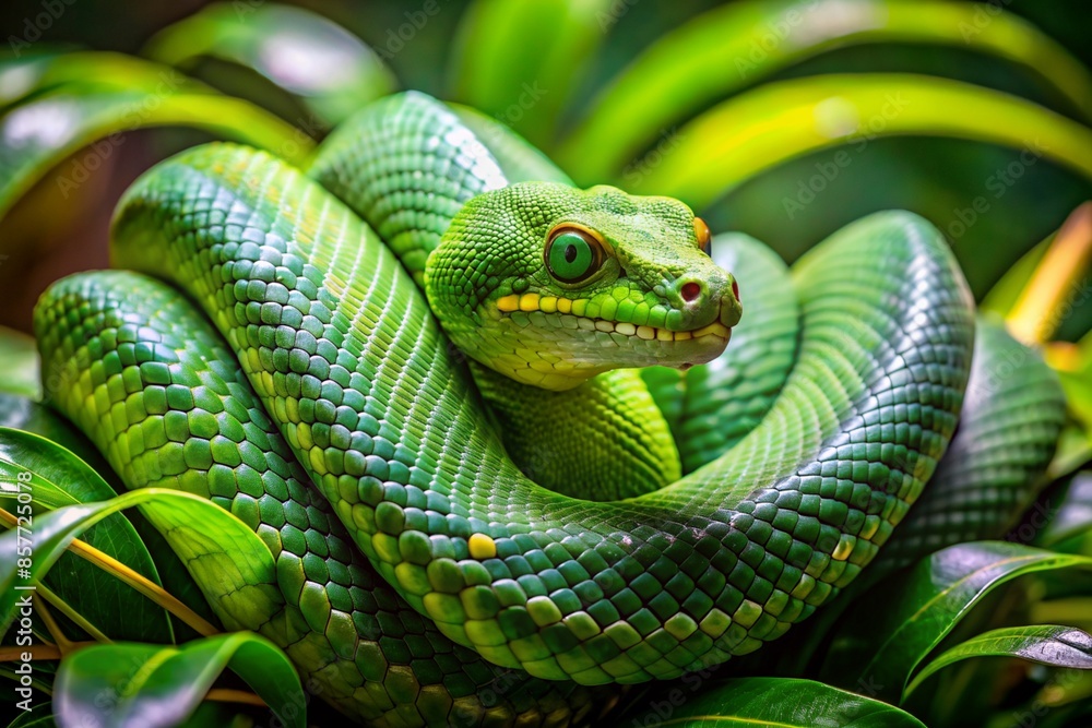 A green snake is curled up on a leafy green plant A green snake is curled up on a leafy green plant