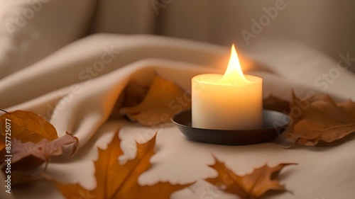 Lit Candle With Autumn Leaves on a Blanket Generative AI