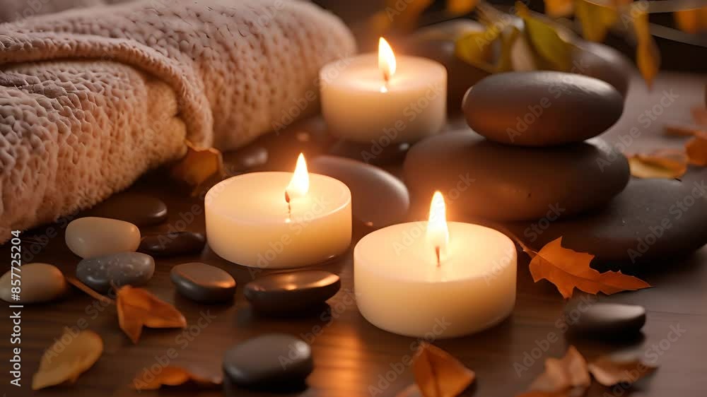 Spa Candles and Stones With Autumn Leaves Generative AI Spa Candles and Stones With Autumn Leaves Generative AI