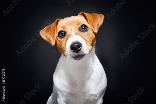 Photos Portrait of an curious Jack Russell Terrier puppy, closeup, on a black backgroun