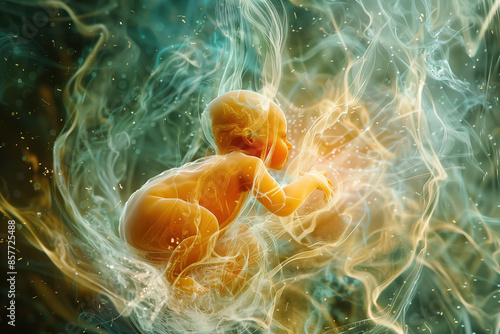 Life's Journey Begins: Fetus Nurtured by Flowing Energy Representing Placental Oxygen Transfer