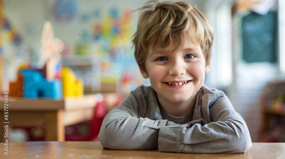 Young schoolboy with a lovely smile sitting at his desk in the classroom Young schoolboy with a lovely smile sitting at his desk in the classroom