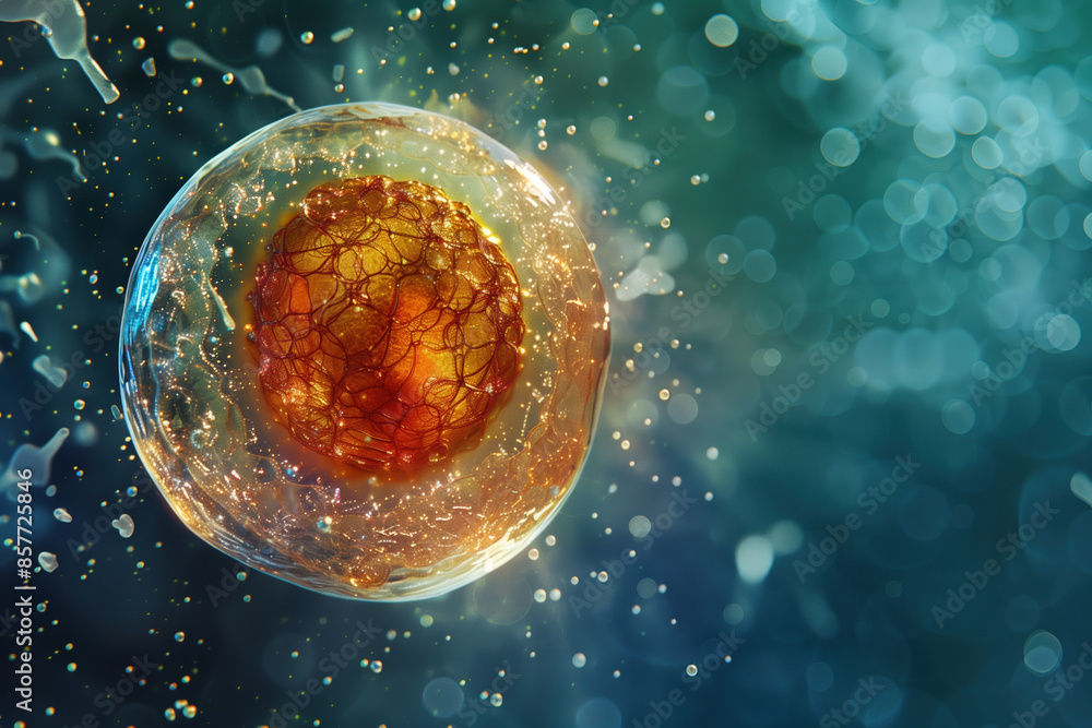Naklejka premium Microscopic Marvel: Zygote Undergoing First Cell Division in Fallopian Tube (Warm Light)
