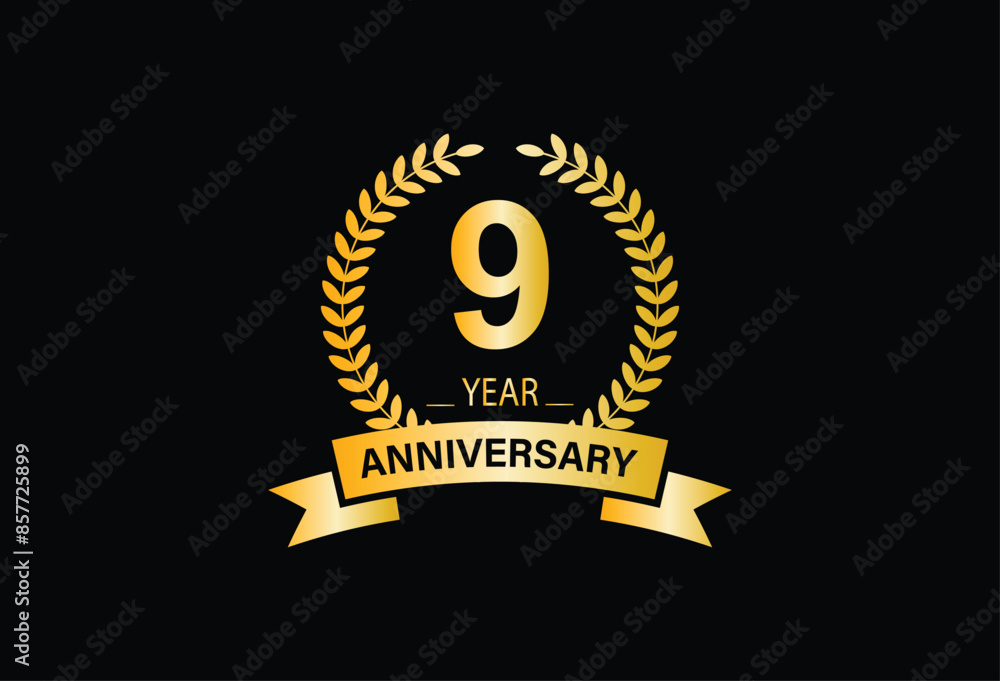 Naklejka premium 9 years anniversary logo with gold color and ribbon for booklet, leaflet, magazine, brochure poster, banner, web, invitation or greeting card. Vector illustrations.