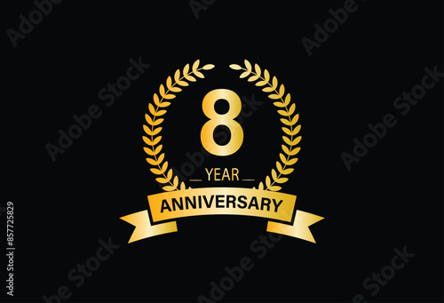 Celebrating 8 years anniversary logo with golden ring and ribbon, laurel wreath vector design.