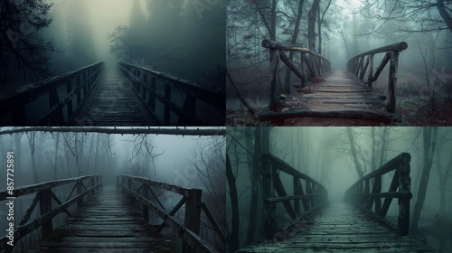 An old, creaky wooden bridge leading into a foggy, dark forest.