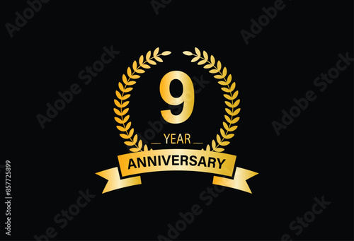 9 years anniversary logo with gold color and ribbon for booklet, leaflet, magazine, brochure poster, banner, web, invitation or greeting card. Vector illustrations.