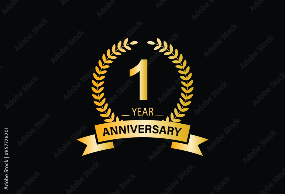 Naklejka premium First Year Anniversary Celebration Gold and Black Isolated Vector