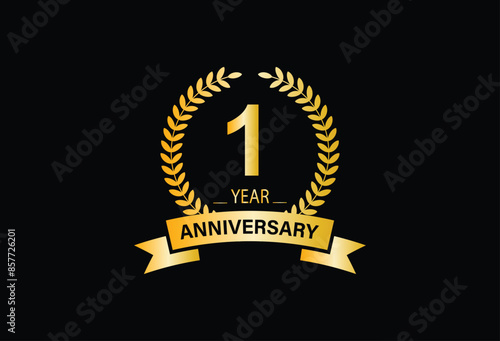 First Year Anniversary Celebration Gold and Black Isolated Vector
