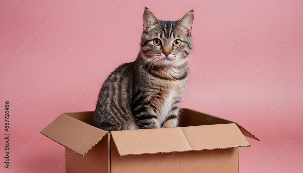 Tabby Cat in a Cardboard Box on Pink Background Tabby Cat in a Cardboard Box on Pink Background