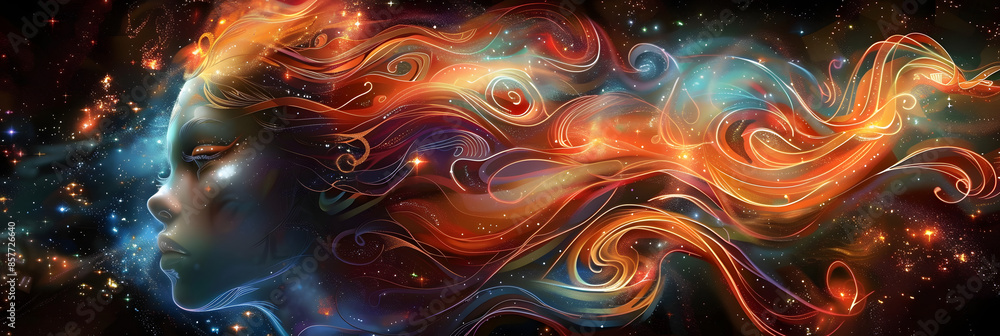 Fototapeta premium a digital painting of a woman's face surrounded by colorful swirls of fire and stars in the night sky.