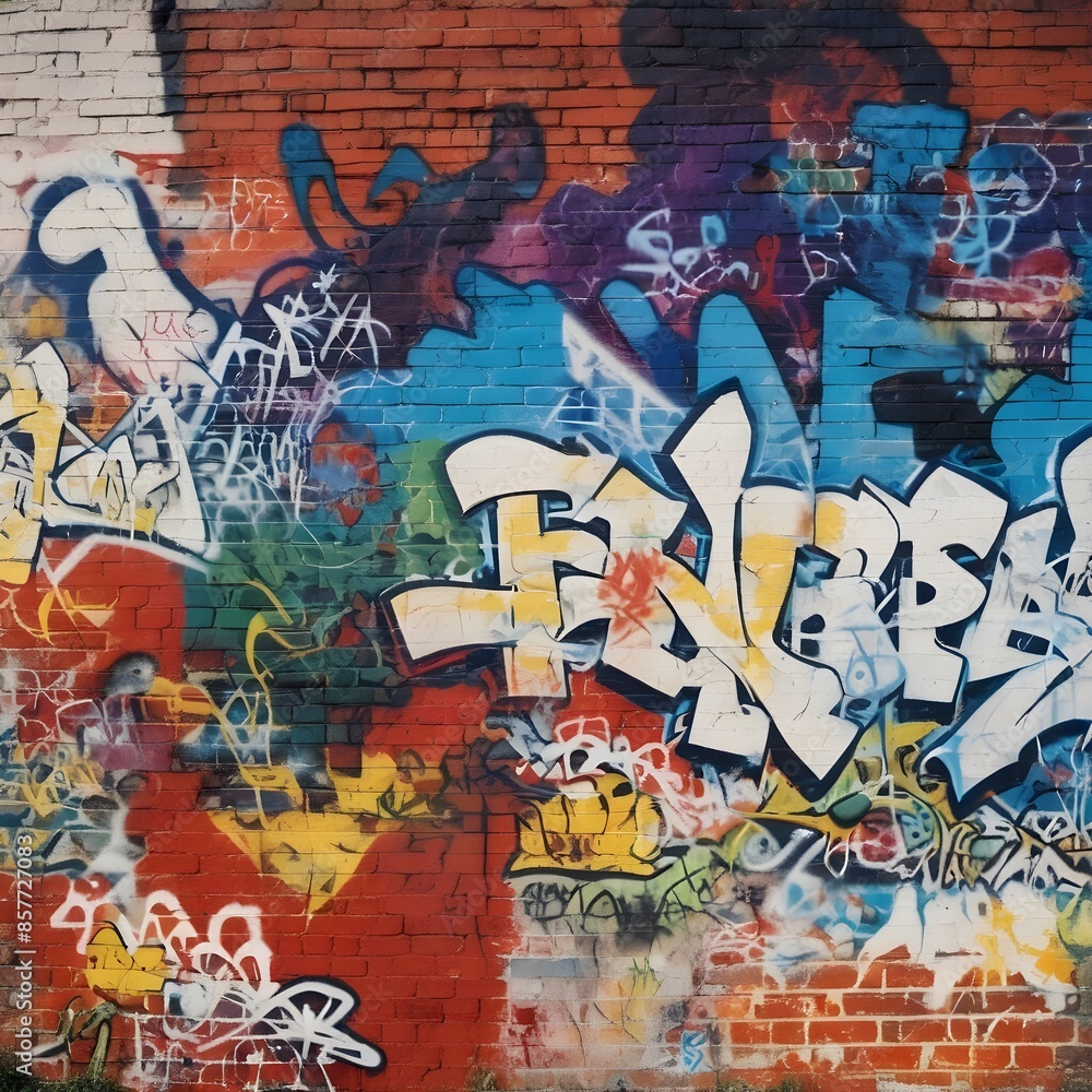 Fototapeta premium A vibrant and chaotic graffiti-covered brick wall with various abstract shapes, patterns, and symbols in a range of bright colors including red, blue, green, and yellow