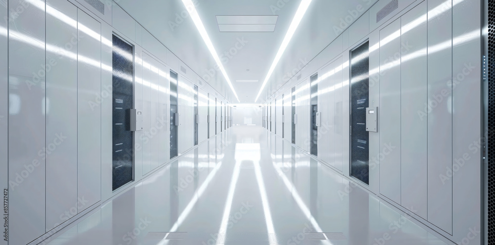 White and glass data center hallway with closeup of storage cabinets, blurred background White and glass data center hallway with closeup of storage cabinets, blurred background