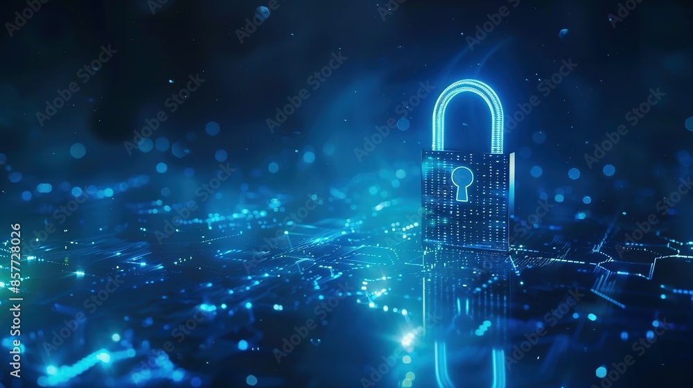 Digital padlock on a dark blue background representing cyber security technology for fraud prevention and data privacy protection in computing systems. Digital padlock on a dark blue background representing cyber security technology for fraud prevention and data privacy protection in computing systems.
