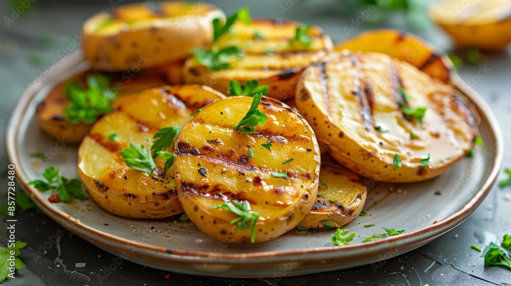 Delicious Grilled Potato Slices on a Kitchen Table Generative AI Delicious Grilled Potato Slices on a Kitchen Table Generative AI