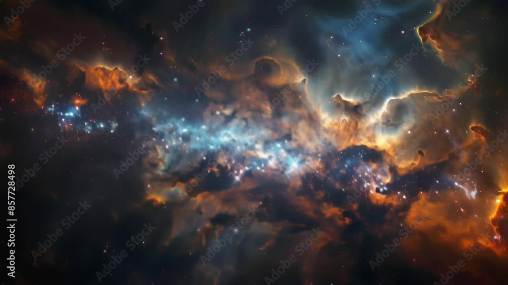 Expansive stellar nebula with vibrant colors of blue, orange, and white, showcasing the beauty and complexity of the cosmos. Stars and cosmic clouds create a mesmerizing and awe-inspiring view.	