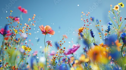 Colorful Spring Meadow Flowers Bursting in Air under Clear Blue Sky - Nature Concept, Floral Explosion