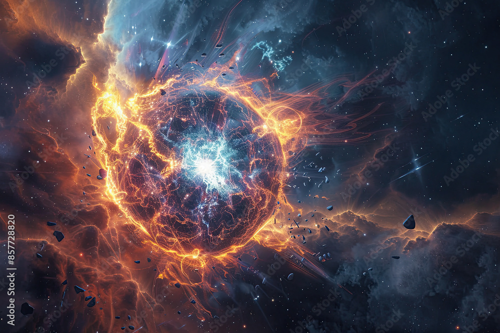 A cosmic landscape with a glowing nebula, a distant planet, and a bright star A cosmic landscape with a glowing nebula, a distant planet, and a bright star