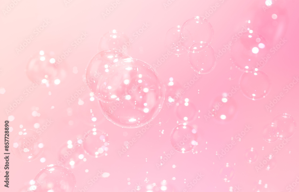Beautiful Transparent Soap Bubbles Floating in The Air. Pink Textured Abstract Background. Celebration Festive Backdrop. Freshness Pink Soap Suds Bubbles Water. Beautiful Transparent Soap Bubbles Floating in The Air. Pink Textured Abstract Background. Celebration Festive Backdrop. Freshness Pink Soap Suds Bubbles Water.