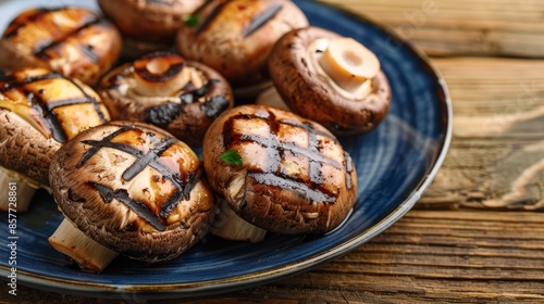 Savory Delight: Grilled Mushrooms on Wooden Plate Generative AI
