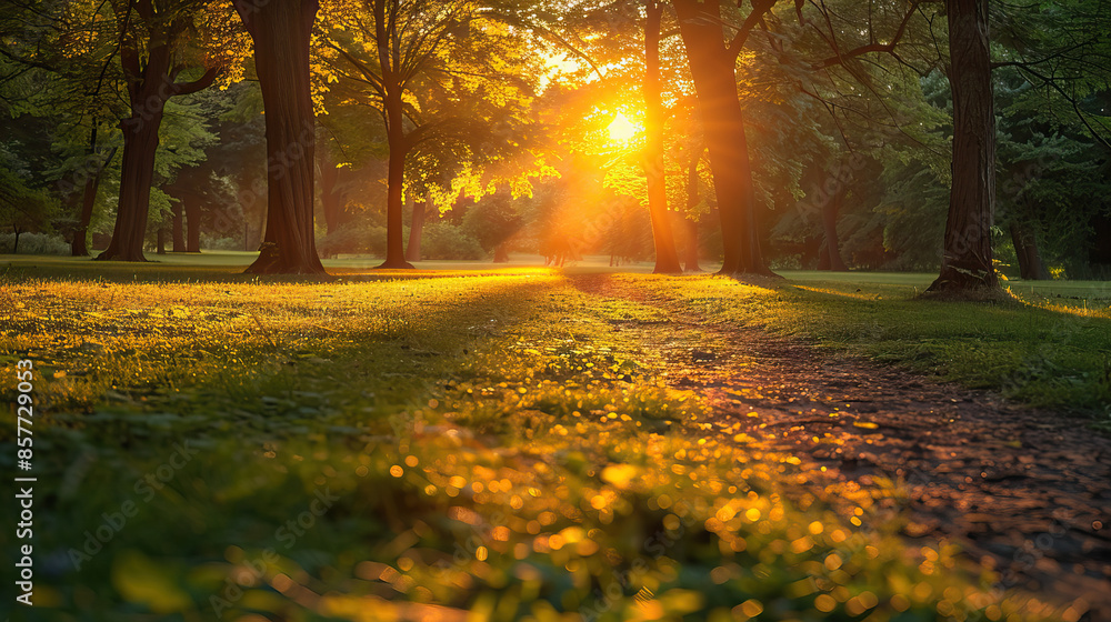 Obraz premium Sunset in a Park with Sunbeams Shining Through the Trees