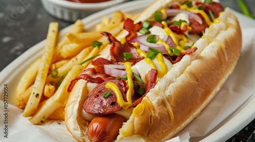 Savory Grilled Hot Dog with Toppings on a Brioche Bun, Perfect for Outdoor Gatherings Generative AI