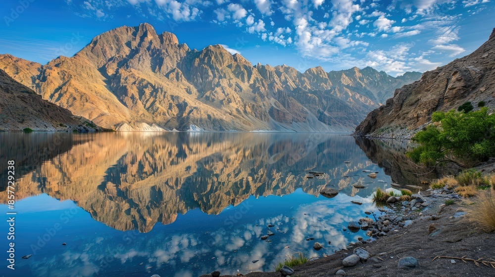 Tranquil lake reflecting towering mountains Tranquil lake reflecting towering mountains