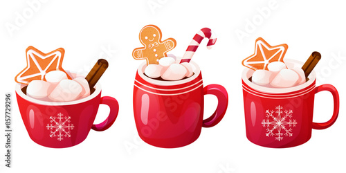 Christmas holiday red mug with hot beverage, marshmallow, gingerbread star, cinnamon stick isolated on white background.