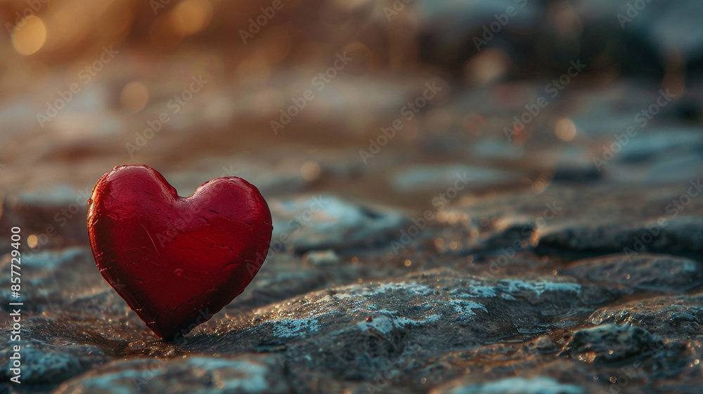 Fototapeta premium Red heart on rock on ground