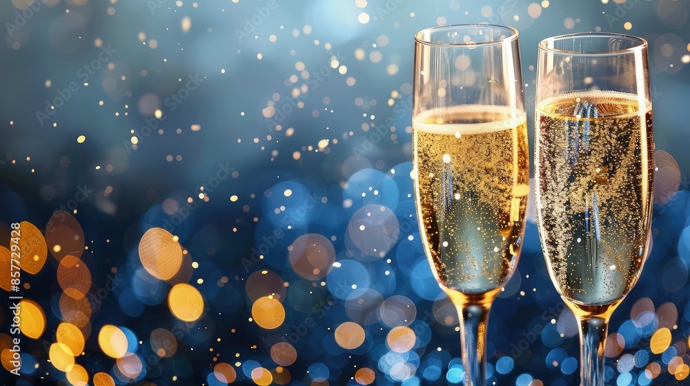 A pair of champagne glasses filled with sparkling champagne, set against a soft, warm-lit background. A pair of champagne glasses filled with sparkling champagne, set against a soft, warm-lit background.