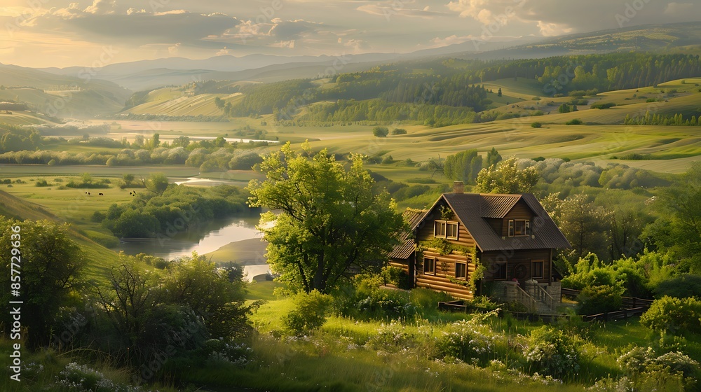 A breathtaking scene of a wooden house nestled amidst a lush green landscape, with rolling hills and a meandering river in the background, showcasing the harmony between architecture and nature A breathtaking scene of a wooden house nestled amidst a lush green landscape, with rolling hills and a meandering river in the background, showcasing the harmony between architecture and nature