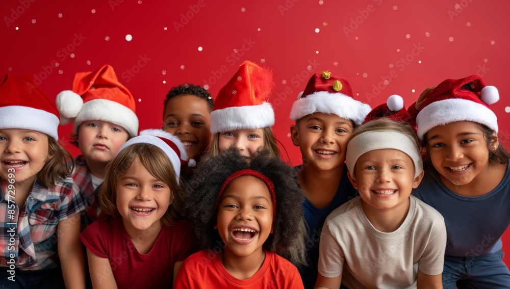 In this cheerful Christmas scene, a diverse group of kids joyfully wear Santa hats, celebrating with togetherness and excitement, showcasing the festive spirit and warmth of the season In this cheerful Christmas scene, a diverse group of kids joyfully wear Santa hats, celebrating with togetherness and excitement, showcasing the festive spirit and warmth of the season