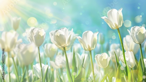 Spring Banner with Blooming White Tulips in a Field, Blossoms Background