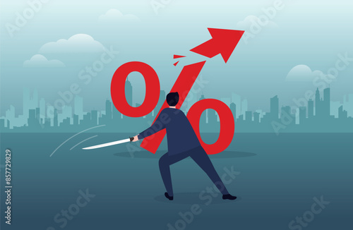 Cut or reduce inflation by monetary policy, FED, federal reserve or central bank increase interest rate to control inflation to acceptable level concept, businessman cut percentage sign with sword.