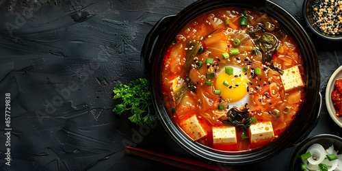 Korean Kimchi stew with tofu egg and traditional flavors is a classic dish. Concept Korean Food, Kimchi Stew, Tofu, Egg, Traditional Flavors photo