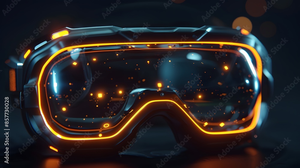 Digital rendering of VR glasses with glowing LED lights, illustrating the immersive experience of virtual reality gaming or simulation, with a dark background enhancing the high-tech aesthetics