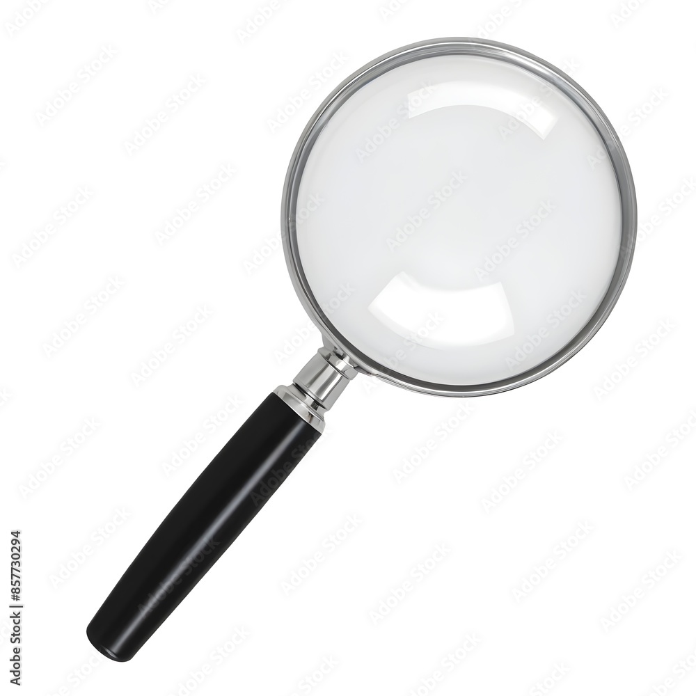A silver magnifying glass with a black handle on a white background A silver magnifying glass with a black handle on a white background