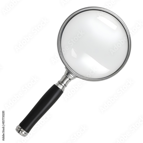 A silver magnifying glass with a black handle on a white background