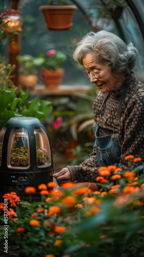 Elderly woman gardening with robotic helper, futuristic trend, technology in future.