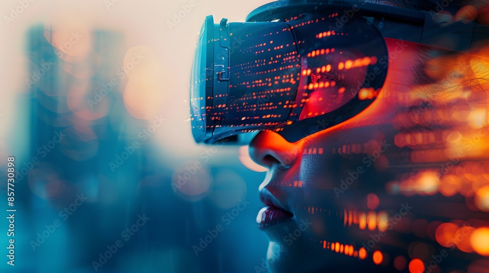 Artistic depiction of VR glasses casting a digital glow on a person's face, reflecting the immersive experience of exploring virtual worlds and simulations Artistic depiction of VR glasses casting a digital glow on a person's face, reflecting the immersive experience of exploring virtual worlds and simulations
