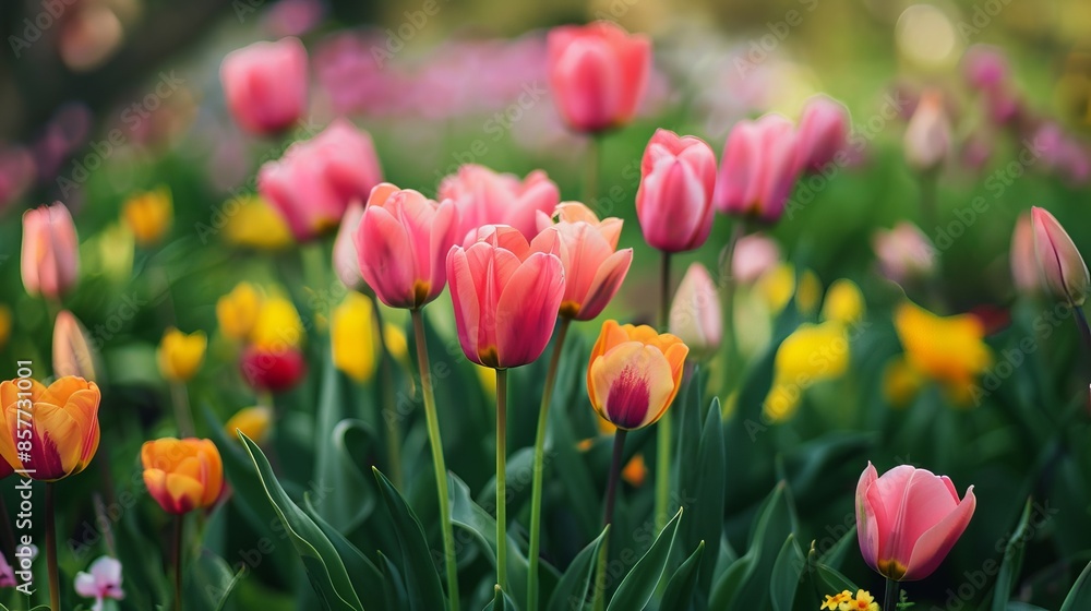 Bright and Cheerful Spring Flowers in Full Bloom, Vibrant Floral Botanical Scene with Soft Pastel Colors and Fresh Petals on Natural Background Bright and Cheerful Spring Flowers in Full Bloom, Vibrant Floral Botanical Scene with Soft Pastel Colors and Fresh Petals on Natural Background