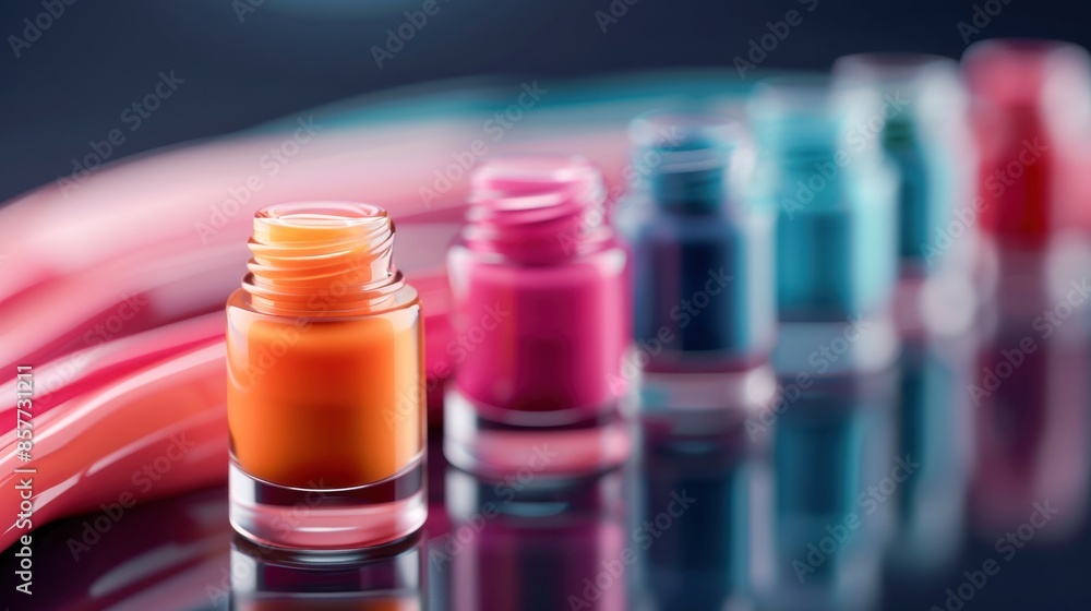 Set of nail polishes with colorful swirls, vibrant and artistic display, high resolution and clear colors Set of nail polishes with colorful swirls, vibrant and artistic display, high resolution and clear colors