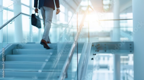 Professional walking up office stairs, business attire, briefcase in hand, modern corporate environment, bright and clear