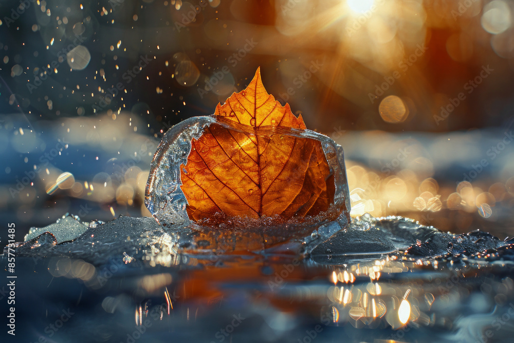 A leaf encased in a block of ice, slowly thawing under a ray of sunlight A leaf encased in a block of ice, slowly thawing under a ray of sunlight