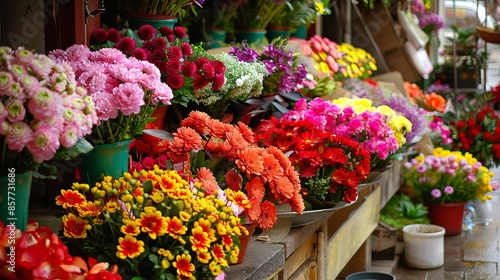 Vibrant Street Flower Market with Colorful Blooms and People Shopping, Urban Scene